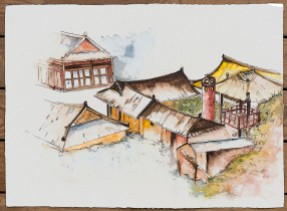 Les toits de Jeonju: série de travaux à partir d'une aquarelle sur papier Fabriano déclinée en plusieurs effets graphiques