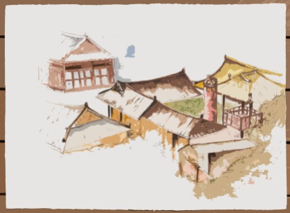 Les toits de Jeonju: série de travaux à partir d'une aquarelle sur papier Fabriano déclinée en plusieurs effets graphiques.
